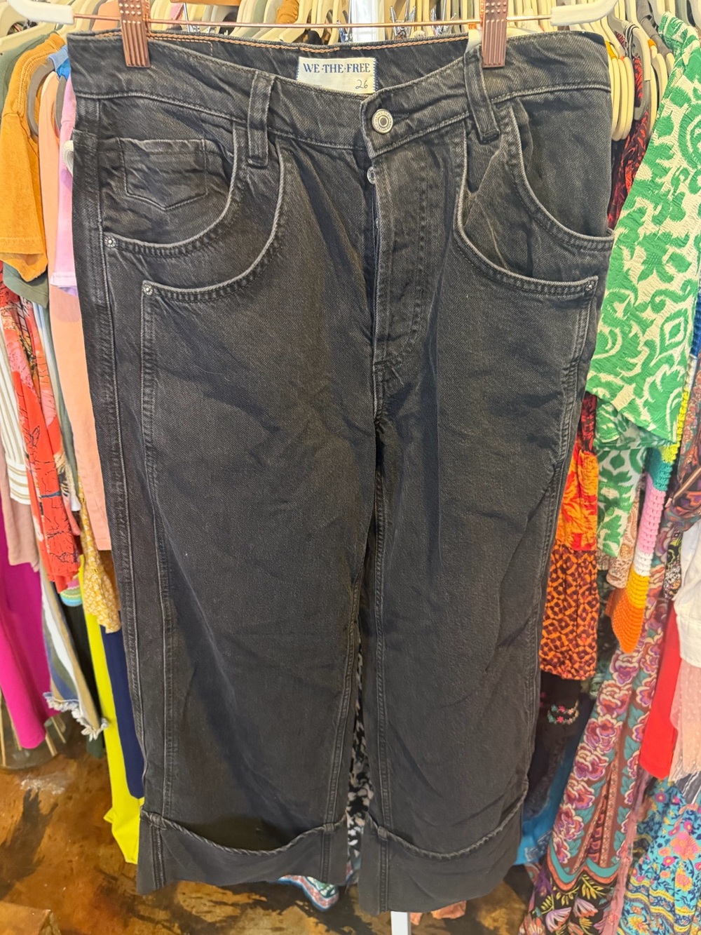 NWT Free People Final Countdown Black Low-Rise Wide Leg Jeans with Cuffed Hem - Picture 3 of 5